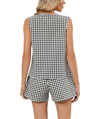 SEMATOMALA Women's Summer 2 Piece Outfits Sleeveless Gingham Vest and Shorts Beach Vacation Matching Sets2