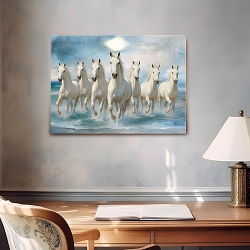 Image of PAINTINGMANTRA 7 White Running Horses Canvas Wall Art Painting For Living Room|Seven Running Horses Vastu Feng Shui Stretched Canvas Painting For Bed Room, Home & Office, 22x34 Inch