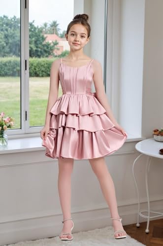 Satin Short Flower Girl Dress with Bowknot for Wedding Spaghetti Strap Party Homecoming Dresses for Teen Girls4