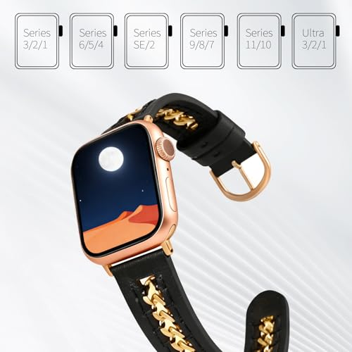 Image of HANDODO Italian Genuine Leather Band with gold chain details, Compatible with Apple Watch Series 11 10 9 8 7 6 5 4 3 2 1 SE SE2 Ultra 2 /3, SGS Certified Fashion Dressy Strap for women men