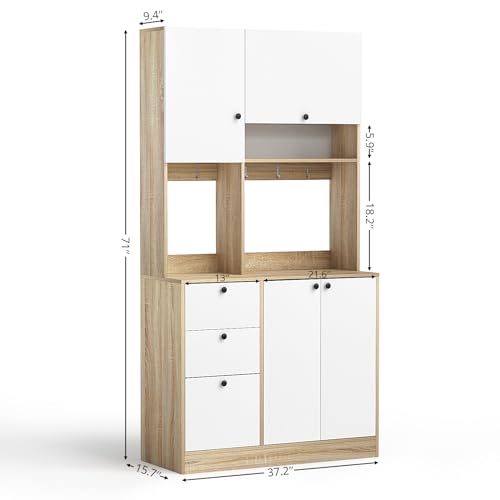 Vowner VOWNER20230207 71"" Farmhouse Kitchen Pantry Storage Cabinet, Large Microwave Stand With 3 Drawers And 4 Doors, Versatile Kitchen Hutch For Dining Room, Living Room, White & Wood thumb #1