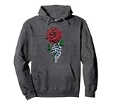 Skeleton Hand Holding Stem Flower Graphic Design Red Rose Pullover Hoodie