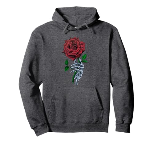 Skeleton Hand Holding Stem Flower Graphic Design Red Rose Pullover