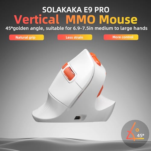 Image of SOLAKAKA E9 PRO Vertical MMO Gaming Mouse - Ergonomic Wireless Mouse with 10 Side Buttons,PAW3395 36000 DPI Sensor,45Grip,Tri-Mode 2.4G /BT /Wired, RGB,1000mAh Rechargeable Mouse for PC /Mac - White