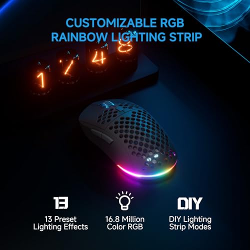 Image of TMKB Falcon M1 Wireless Gaming Mouse, 24000 DPI, 180-Hour Battery, Black | Optical Sensor, 90g Ergonomic Honeycomb Design, 6 Programmable Buttons, RGB Strip, 2.4GHz, BT5.2 and USB-C Wired Connectivity