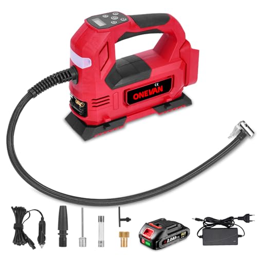ONEVAN Compresor de batería, 10 bar, bomba de aire eléctrica, inflador de presión de neumáticos con batería de 2000 mAh, pantalla LCD, autostop portátil, inflador de neumáticos para coches, motos