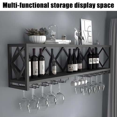 Étagère à vin murale blanche 100cm avec porte-verres pour bar