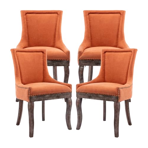 Yarneliosa Modern Dining Chairs Set of 4, Fabric Upholstered High Back Chairs with Nailhead Trim and Curved Solid Wood Legs, Sillas de Comedor Accent Chairs for Dining Room, Orange