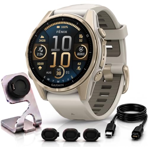 Image of Garmin Fenix 8 43mm AMOLED Sapphire Multisport GPS Smartwatch, Soft Gold with Fog Gray Sandstone Silicone Band, 010-02903-10 - Bundle w /Deco Essentials Charging Dock, Dust Cover and USB-C Cable