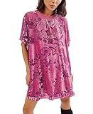 Aimiray Women's Vintage Velvet Dress Floral Printed Short Sleeve Round Neck Mini Flowy Boho Babydoll Dress(Rose-M)