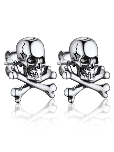 Bandmax 925 Sterling Silver Skull Stud Earrings Hoop Earrings for Women Men Punk Gothic Halloween Skull Skeleton Earring Studs Hoops