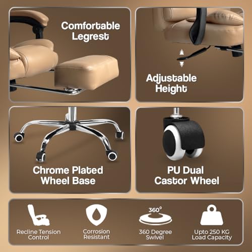 Image of Kepler Brooks Italia Premium Leatherette Office Chair for Work | 3-Years Warranty | Boss Chair for Office, Ergonomic Executive Chair, Cushioned Arms & Seat, Leg Rest,Heavy Duty Metal Base (Almond)