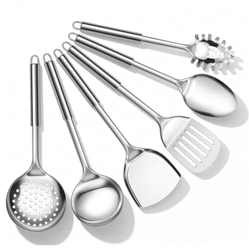 Joyfair Küchenutensilien Set 6 Stück Edelstahl Küchenhelfer Kochbesteck Set Hitzebeständig Kochutensilien mit Pfannenwender Schlitzwender Schaumlöffel Suppenkelle Rostfrei & Spülmaschinenfest