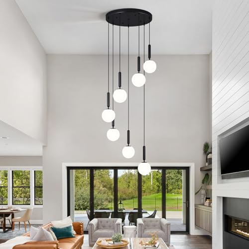 Image of 7-Lights Black Chandelier with Milk White Glass Hanging Fixture Light