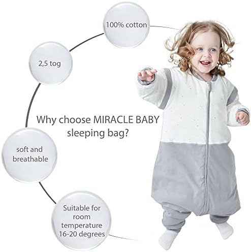 Miracle Baby Sleeping Bag with Legs 2.5 TOG Winter Warm Baby Sleeping Bag with Feets Long Sleeves Removable 100% Cotton Newborn Baby Wearable Blanket for Baby Girl and Boy 12-24 Months