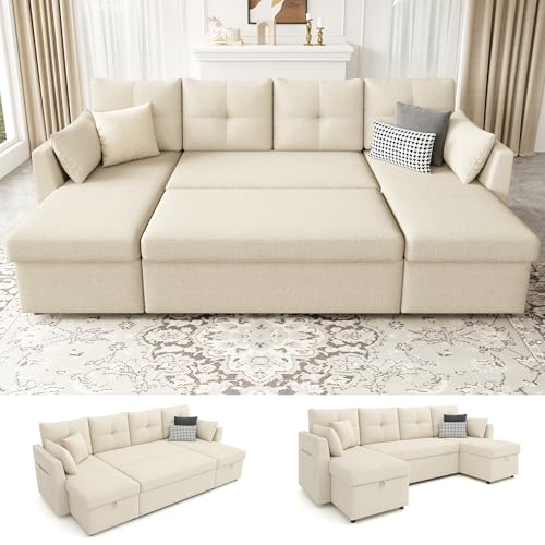 Image of Huatean Home Oversized Sleeper Couch Sofa, Sectional Sleeper Sofa Bed with Side Pocket for Living Room, 110 inch 2 in 1 Pull Out Couch with Double Storage Chaise, Beige