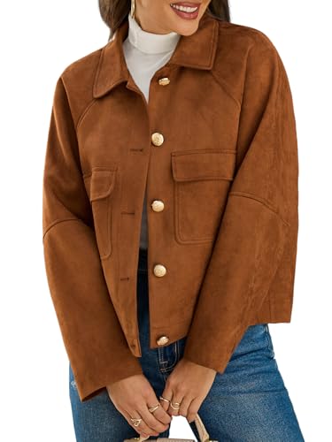 Cicy Bell Womens Faux Suede Leather Jackets Cropped Casual Lapel Collar Button Down Oversized Fall Vintage Shackets