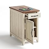 LINSY HOME Farmhouse End Table with Charging Station, Narrow Side Table for...