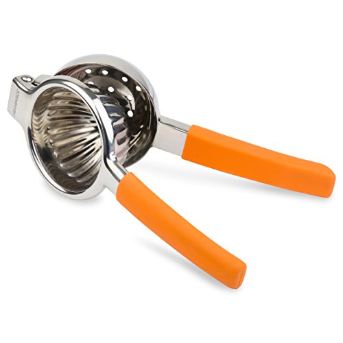 #1 Lemon Squeezer - Premium Jumbo Size - Easy Extract - Heavy Duty Single Press Citrus Squeezer - In Bright Orange Silicone Handle - Made With Strong 18/10 Stainless Steel - By Urbanbasics #TOP6