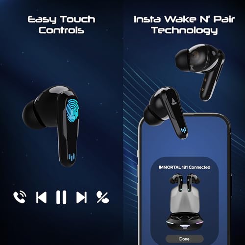 Image of Boat Immortal 181, 40HRS Battery, 4Mics ENx, 40ms Low Latency, RGB Led Lights, Fast Charge, IWP Tech, v5.3 Bluetooth Earbuds, TWS Ear Buds Wireless Earphones with mic, Gaming Earbuds (Black Sabre)