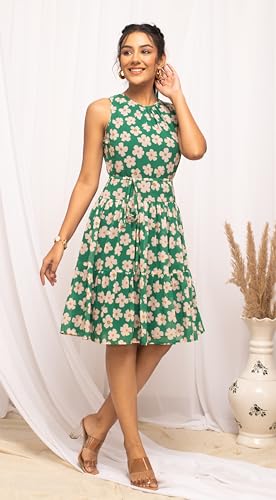 Image of FIORRA Women's Fit And Flare Knee Length Georgette Floral Printed Knee-Length Western Dress Dr0012