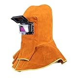 Cowhide Leather Welding Hood Hood with Solar Auto Darkening Filter Lens Mask,Full Protective Leather Welder Hood Welding Helmet With Neck Shoulder Protective,Welding Flame Heat Resistant Work Cap Hat