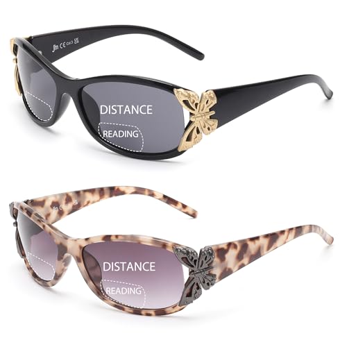 JM 2 Pack Bifocal Reading Sunglasses for Women Fashion Sun Readers Outdoor Reading Glasses UV400 Protection Black & Grey Tortoise +1.25