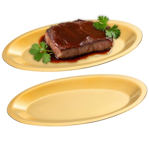 SANQIAHOME 9.9x6.1 Inch Thick Stainless Steel Dinner Plate 2-Piece Set, Egg-Shaped Appetizer Plate,Gold