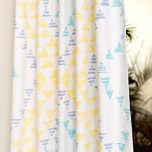 Image of Tranquebar Curtain Co. Window Curtains 5 Feet, 60-65% Room Darkening,Yellow-Mint Geometric Print,Cotton Curtains for Window, Cotton Curtains 5 Feet Long Set of 2, BackTab Loops,Aztec(152 cm)-Set of 2