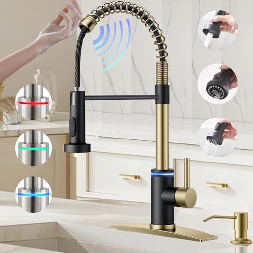 VIDEC Touch On Kitchen Faucet, 3 Modes Pull Down Sprayer, Touch On Sensor Activated, LED Temperature Control, 360-Degree Rotation, 1 or 3 Hole Deck Plate. 10-Year Warranty.(Black/Gold,KW-66GR)