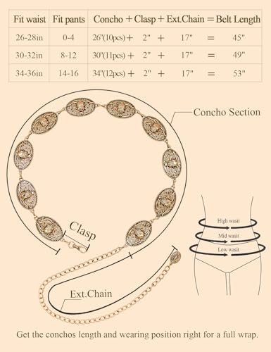 Image of TOPACC Western Metal Concho Belt for Women Cowgirl Chain Belts for Dresses Jeans Country Concert Outfit