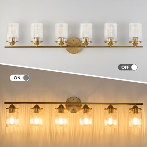 Image of Jonsi Gold Bathroom Light Fixtures 6-Light Vanity Lights Modern Wall Sconce with Clear Glass Shade Brushed Brass Bathroom Light Fixture Over Mirror for Bedroom Hallway Kitchen