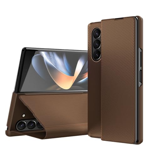Coque Samsung Galaxy Z Fold 5 rigide marron en cuir PU et fibre de carbone