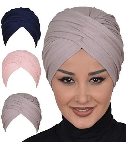 Instant Turban Cotton Scarf Headwrap Lightweight Womens Cap 3pack NBlue-Mnk-Pwdr