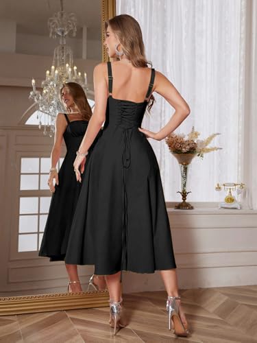 Image of Solid Lace Up Backless Ruched Boning Spaghetti Strap Slim Fit Long Cami Dress for Women's & Girl's