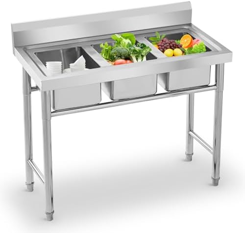 Stainless Steel 3-Compartment Sink – 39"W X 18"D X 35.8"H – Freestanding Commercial Utility Sink With Drain Pipes & Adjustable Feet – For Indoor/Outdoor Use