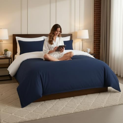 Image of Duvet Cover Single Size Bed (60x92 Inch) 1 Duvet Cover + 4 Pillow Covers with Zipper 600 TC Cotton Reversible Luxurious Quilt, Comforter, Rajai, Blanket Cover (White /Navy Blue)