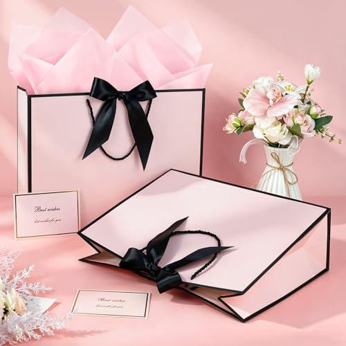 Image of JMANNI Pink Gift Bags with Handles, 14.6 inch Large Gift Bags with Tissue Paper | 2 Pcs Pink Black Bags, 4 Tissue Paper and 2 Cards, for Baby Shower, Wedding Bridal Shower, Birthday Party