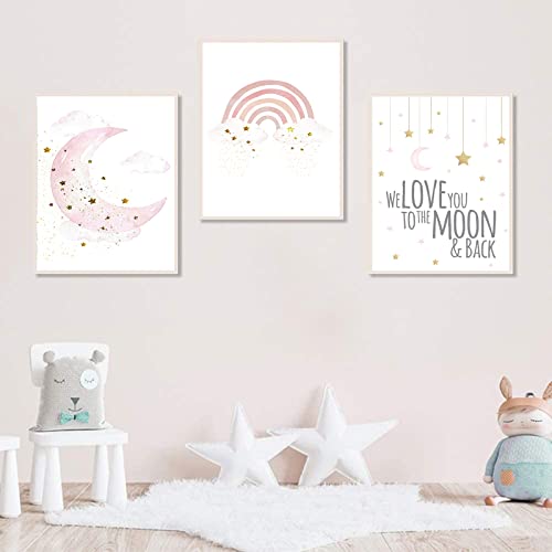 Pink Star Wall Art Moon Art Pink Pink Rainbow Pictures Moon and Stars Canvas Wall Decor Pink Cloud Art Pink Rainbow Wall Art Nursery Picture Girl Baby Room Decor Painting 12x16inchx3pcs No Frame
