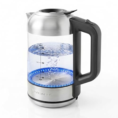 OVENTE Electric Kettle, 1.8L Glass Tea Kettle & Stainless Steel BPA-Free Cordless Electric Kettle, 1500W Fast Boil Electric Pot with Easy-Fill Lid, Auto Shut-Off & Boil Dry Protection, Silver KG751S