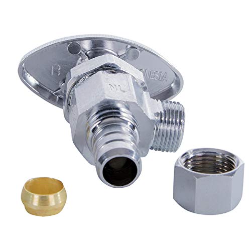 Image of Midline Valve 71512QS-OM-5 Water Supply Stop Valve with Multi-Turn Wheel; Angle Shut-off for Toilet, Sink, Dishwasher, Heater; 1 /2'' PEX x 3 /8'' Compression; Chrome Plated Brass (5 PK)
