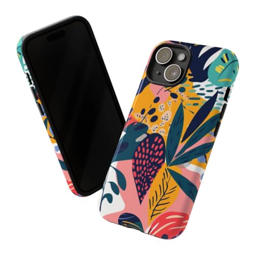 Coque iPhone 15 motif feuilles tropicales vives rigide brillante multicolore
