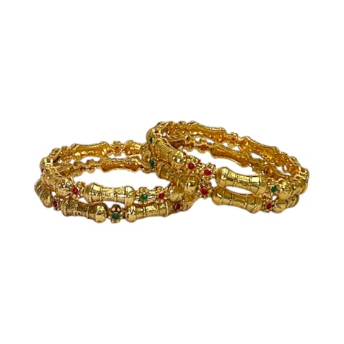 Image of ACCESSHER Gold-Plated Traditional Bangles Set with Red & Green Stone Floral Design - Stunning Indian Jewellery for Women and Girls - Accessory (Pack of 4)