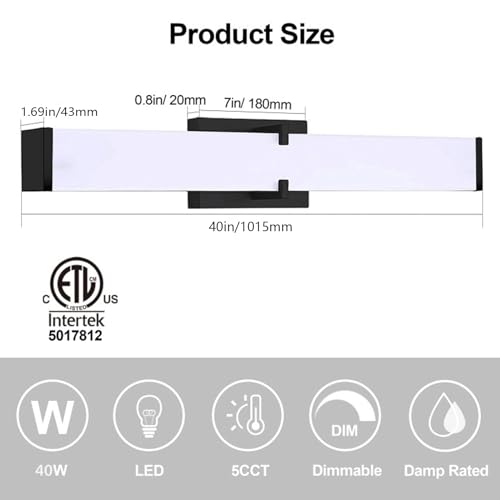 Image of LED Bathroom Vanity Light Cool White 5000K Black Modern Matte Bathroom Lighting Fixtures; 40 Inch IP44 40W Equivalent to Incandescent 350W for Over Mirror Vanity Light - ETL Listed (1 Pack)