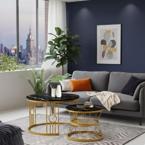 Image of Modern Nested Coffee Table Set of 2 | Round Marble Finish Tabletop with Metal Base | Luxury Center Table for Living Room, Lounge & Office (Ring Black Gold)