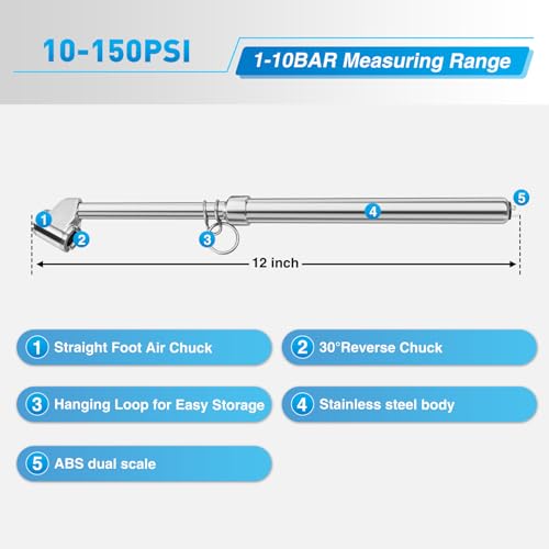 Image of Nilight Dual Head Tire Pressure Gauge Heavy Duty Truck Air Chuck Range 10-150PSI 1-10Bar Tire Pressure Checker Straight-On Tire Air Gauge Extended Tube for Semi Truck, RV, Car, Motorcycle