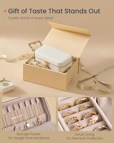SONGMICS HOME Reise-Schmuckkoffer, Schmuck-Organizer-Box mit Spiegel, Schmuckbeutel, gewebtes geprägtes PU-Leder, tragbare Schmuckaufbewahrung, Weihnachtsgeschenke, Wolkenweiß UJBC197W01