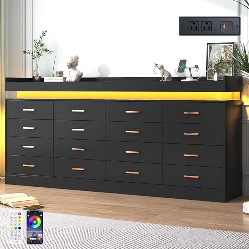 Image of jiteentarou 16 Drawer Dresser with Charging Station and LED Lights, Modern Chest of Drawers with Power Outlet, Organizer Cabinet for Bedroom, Living Room, Entryway, Black