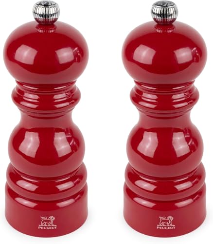 Peugeot - Paris Duo - Pepper Mill + Salt Mill 15 cm - Classic Adjustment - PEFC-Certified Recycled Wood - Made in France - Passion Red Lacquer Finish