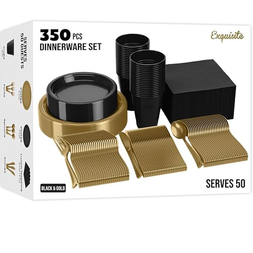 350 Pcs Black & Gold Plastic Plates For Party, Black & Gold Disposable Plates Set, 50 Of Each 9
